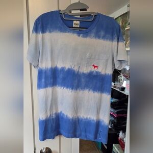 PINK Victoria's Secret Blue and White Tee with Red Logo